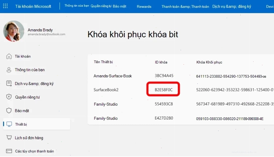 Ảnh chụp màn hình khóa khôi phục BitLocker cho tài khoản Microsoft