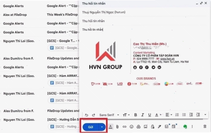 Bấm nút gửi email trong Outlook