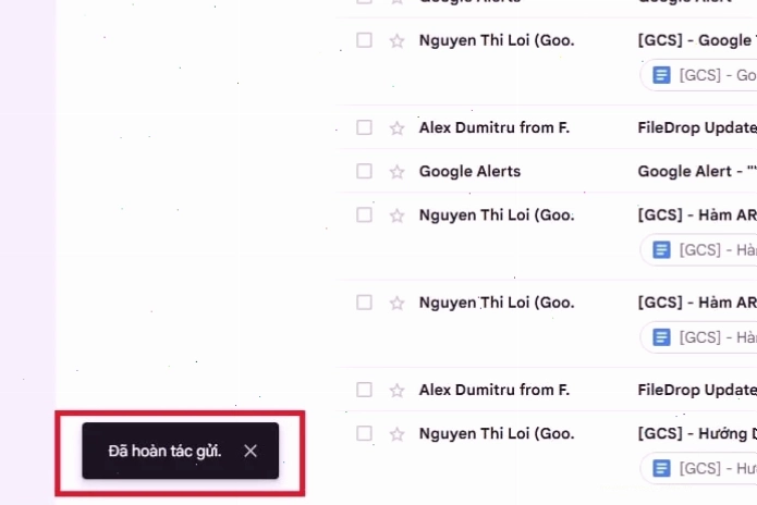 bấm vào Đã hoàn tác hủy
