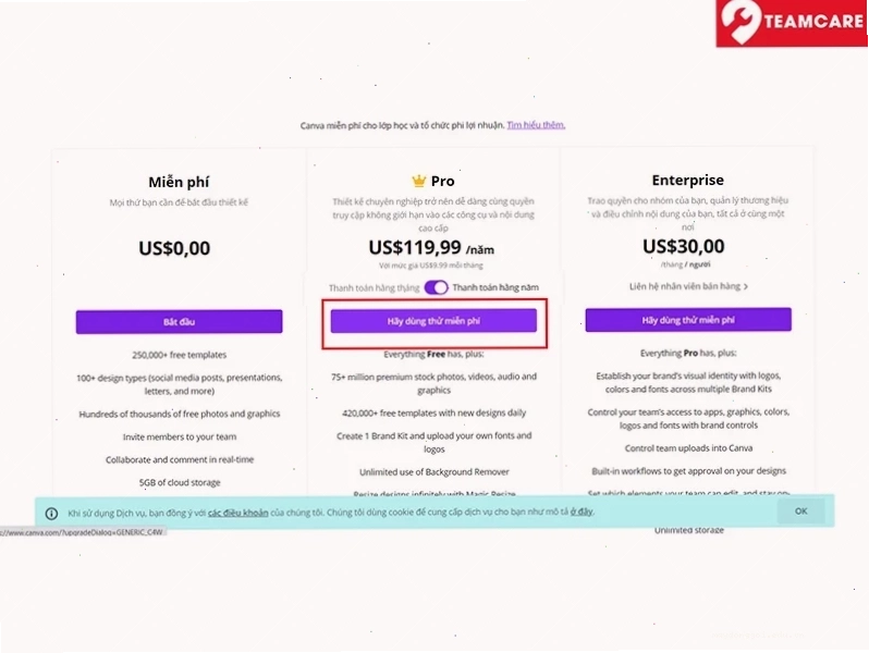 Bấm vào nút dùng thử miễn phí