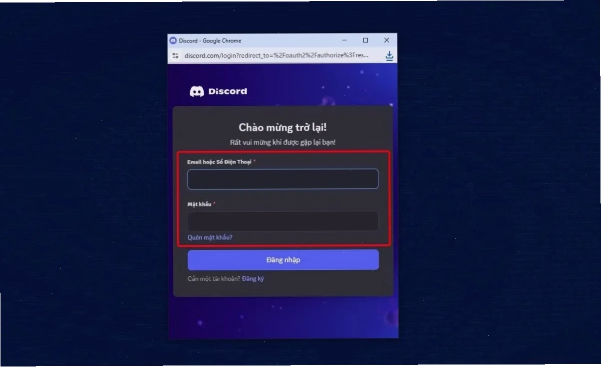 Bạn sẽ được chuyển hướng đến Discord để đăng nhập