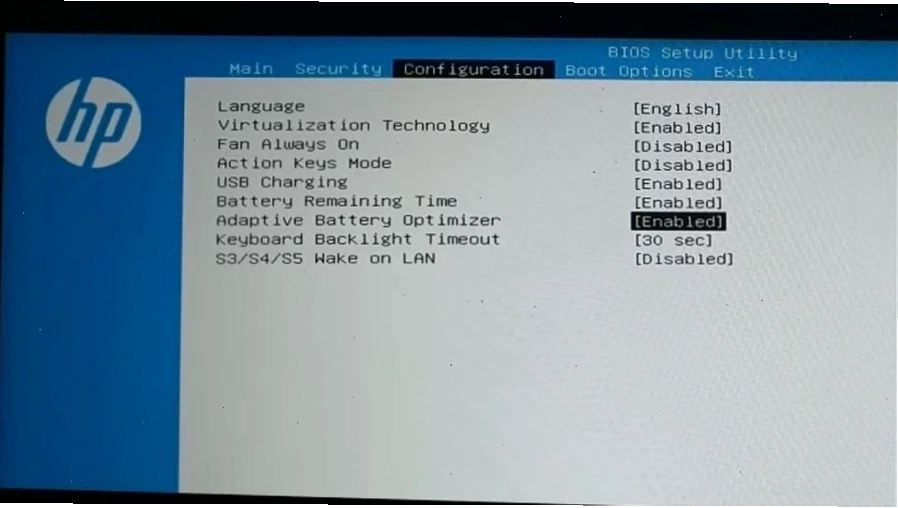 Bật Adaptive Battery Optimizer trong BIOS của laptop HP