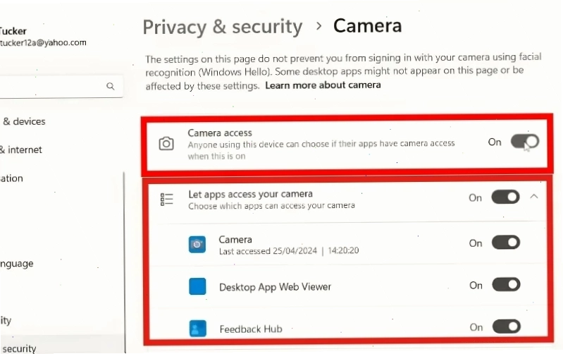 Bật công tắc tại mục Camera access và Let apps access your camera