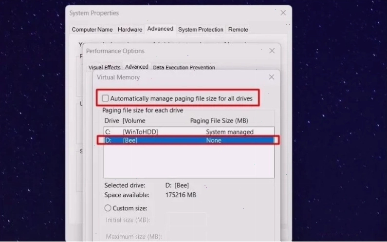Bỏ tích chọn dòng Automatically manage paging file size for all drives và chọn ổ đĩa