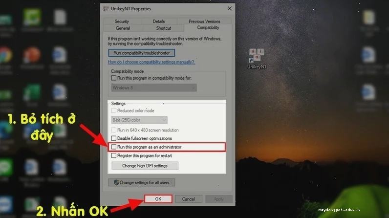 Bỏ tích Run this program as an administrator > Nhấn OK để sửa lỗi không bôi đen được trong Word