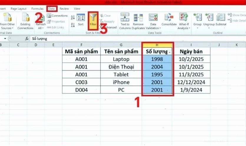 Bôi đen vùng dữ liệu số để lọc trong Excel