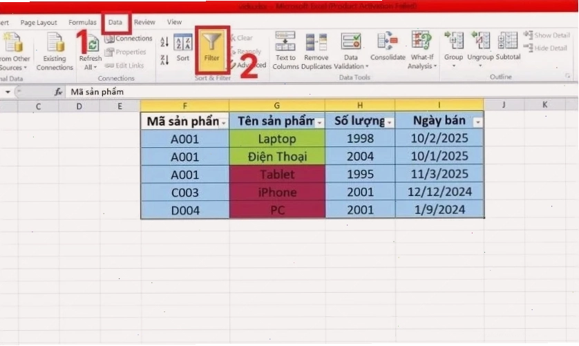 Bôi đen vùng dữ liệu và chọn tab Data để dùng bộ lọc nâng cao