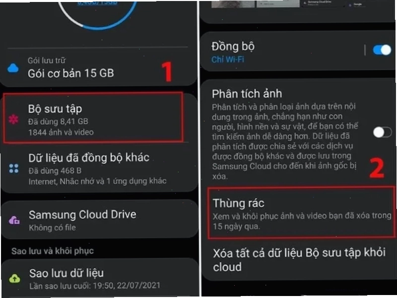 Bước 4: Chọn Bộ sưu tập, sau đó chọn vào thùng rác để khôi phục ảnh đã xóa trên điện thoại