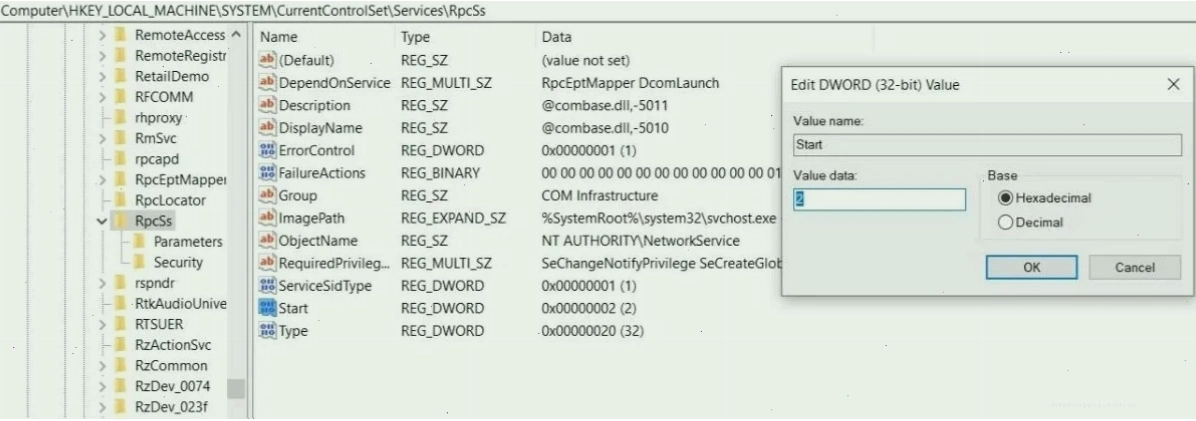Cách 5 Chinh sua trong Registry sửa lỗi the rpc server is unavailable
