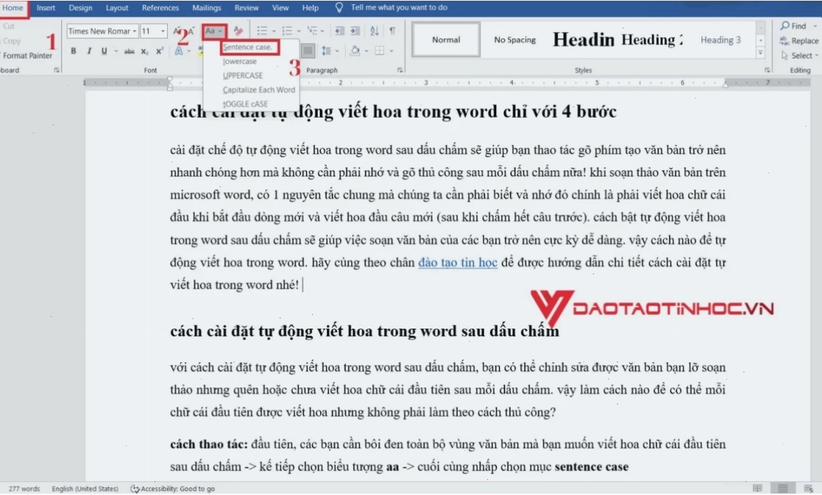 Cách cài đặt tự động viết hoa trong word sau dấu chấm