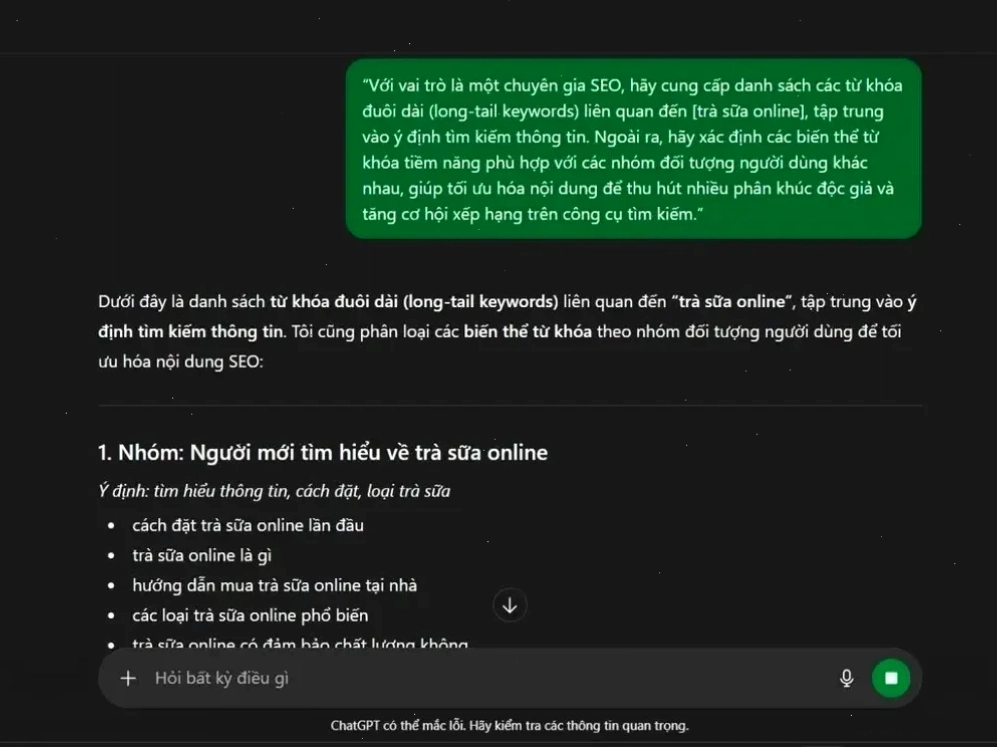 Cách dùng prompt xác định từ khoá đuôi dài cho sản phẩm/dịch vụ trà sữa online