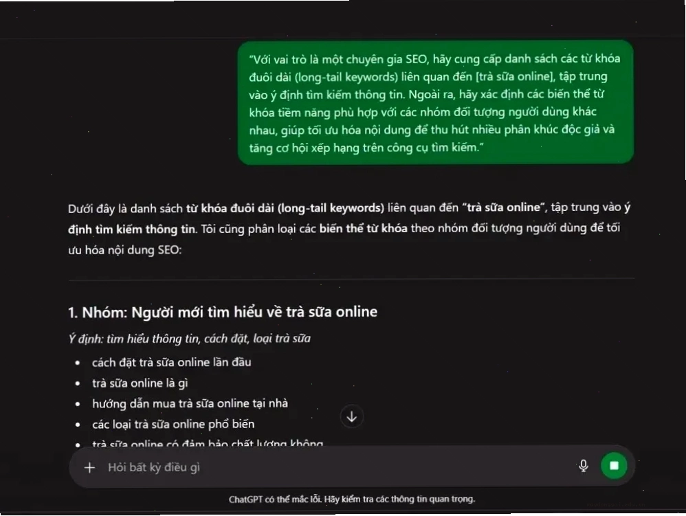 Cách dùng prompt xác định từ khoá đuôi dài cho sản phẩm/dịch vụ trà sữa online