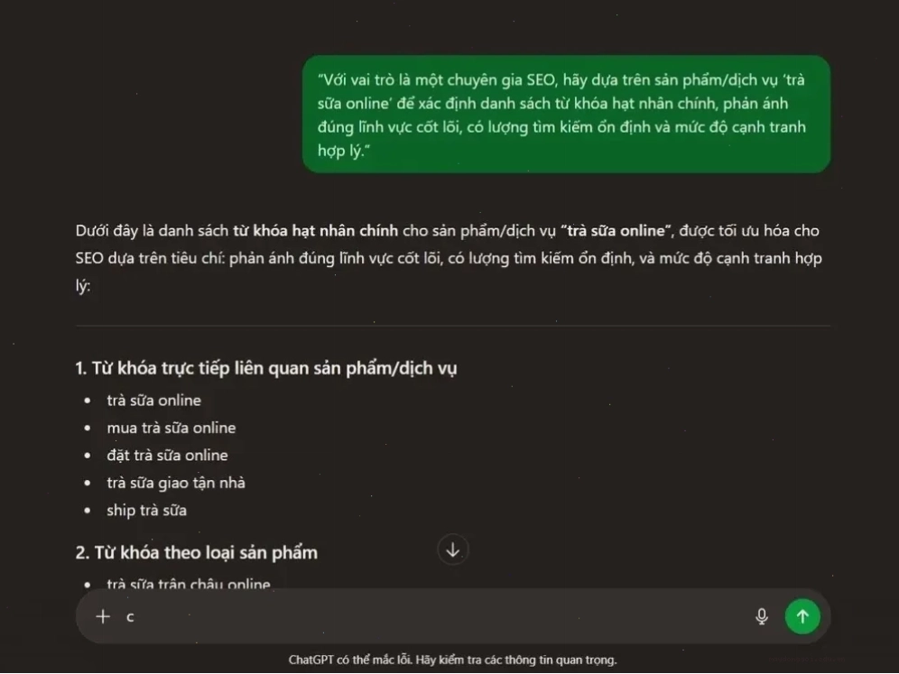 Cách dùng prompt xác định từ khoá hạt nhân cho sản phẩm/dịch vụ trà sữa online