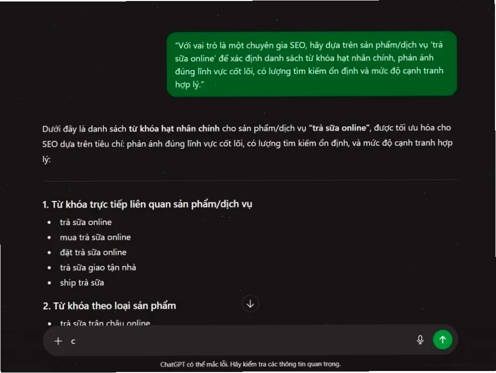 Cách dùng prompt xác định từ khoá hạt nhân cho sản phẩm/dịch vụ trà sữa online