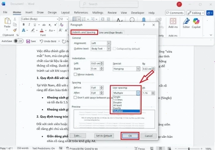 Cách Giãn Dòng Trong Word Qua Hộp Thoại Paragraph hiển thị các tùy chọn chi tiết