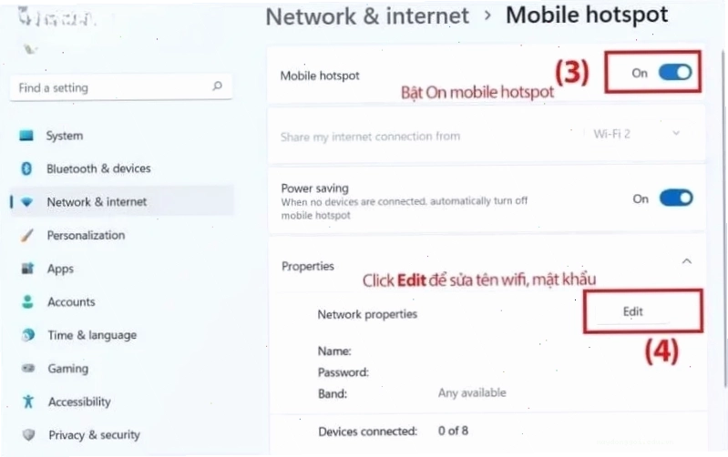 Cách phát wifi từ máy tính win 11: Thiết lập tên và mật khẩu