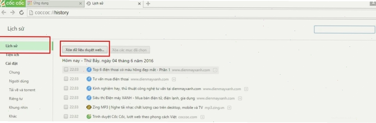 Cách xóa lịch sử google trên máy tính bằng trình duyệt Cốc Cốc