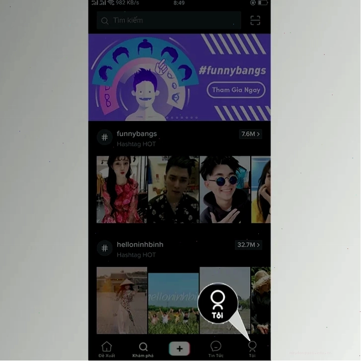 Cách xóa tài khoản TikTok vĩnh viễn: Nhấn vào mục Tôi