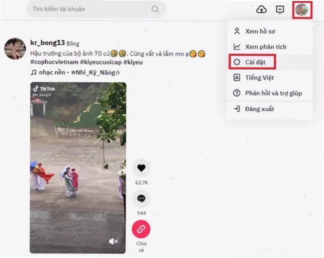 Cách xóa tài khoản TikTok vĩnh viễn trên máy tính: Đăng nhập và vào Cài đặt