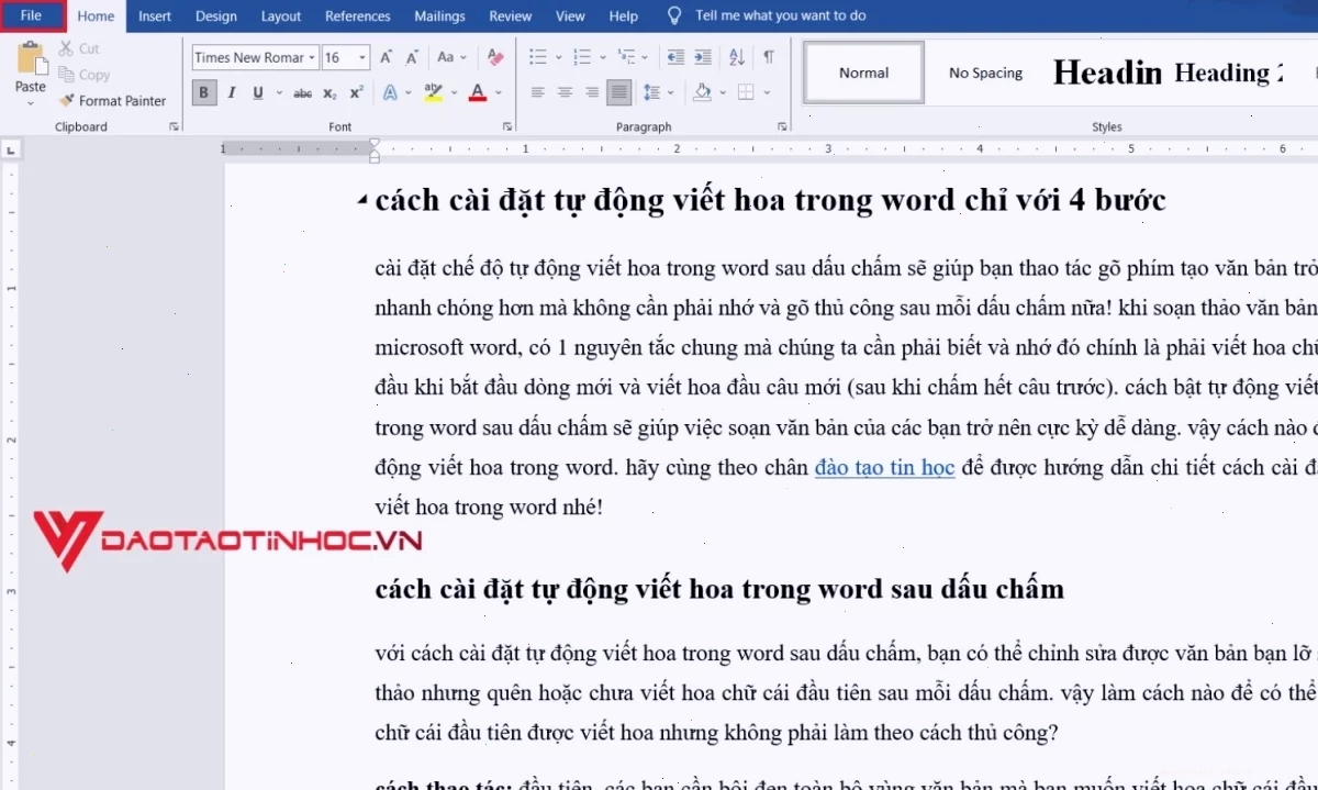 Cài chế độ mặc định tự động viết hoa trong word - Bước 1