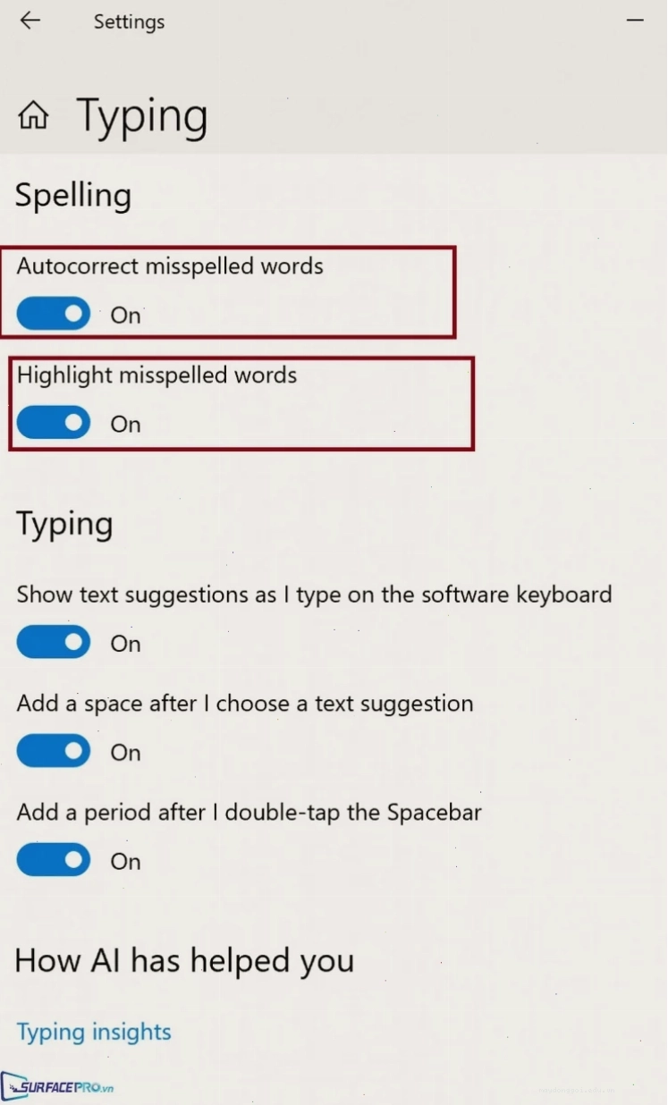 Cài đặt tự động để sửa lỗi chính tả trên Windows 10 trong Settings