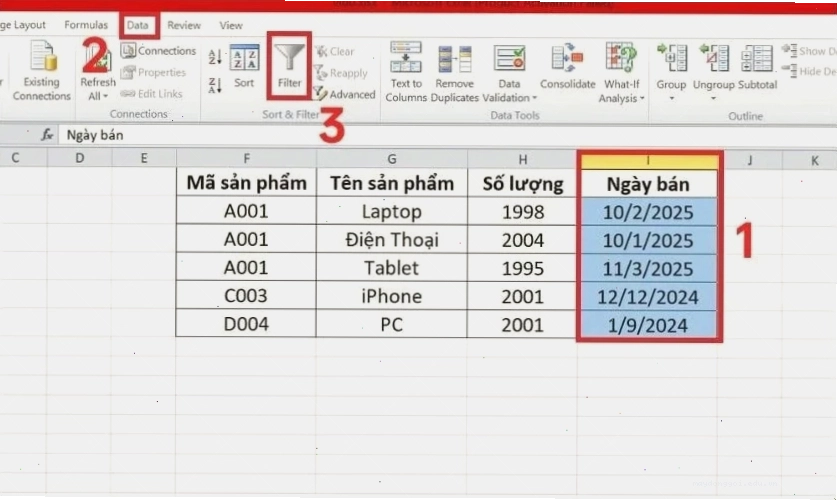 Chọn cột ngày tháng và vào tab Data để lọc