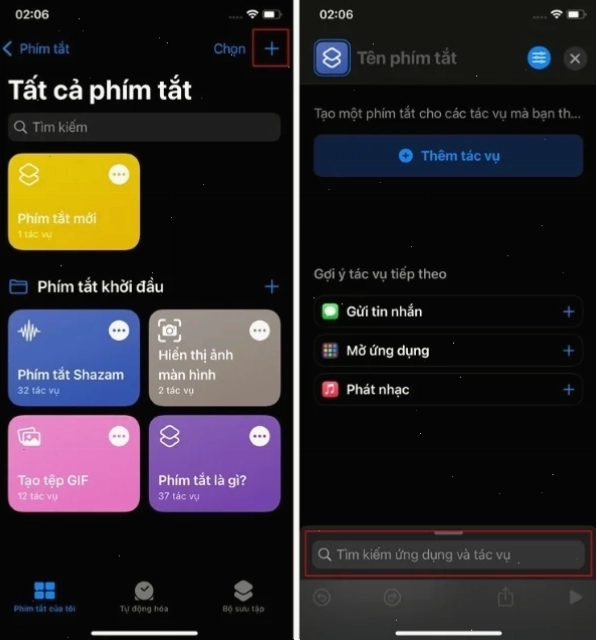 Chọn dấu cộng ở góc trên bên phải màn hình để thêm phím tắt