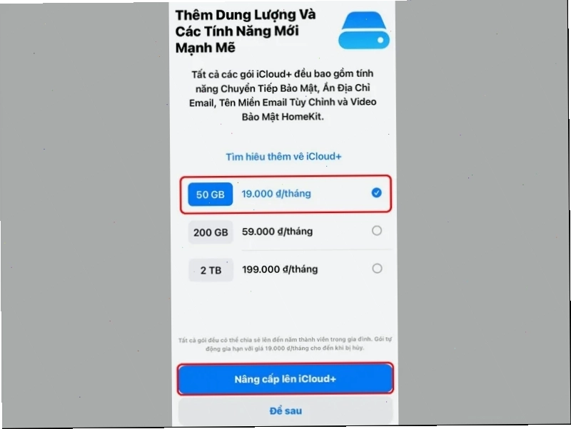 Chọn gói mua iCloud phù hợp và nhấn vào mục Nâng cấp lên iCloud+