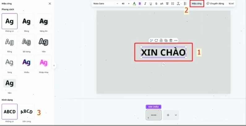 Chọn hiệu ứng Uốn cong trong phần Hình dạng trên Canva