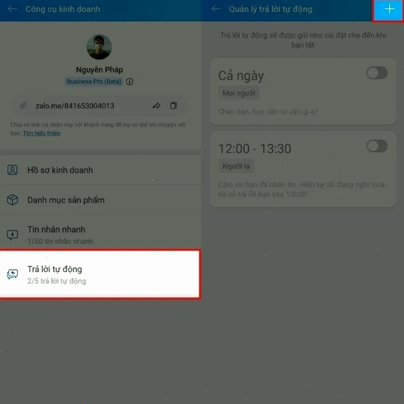 Chọn mục trả lời tự động để thiết lập tin nhắn tự động