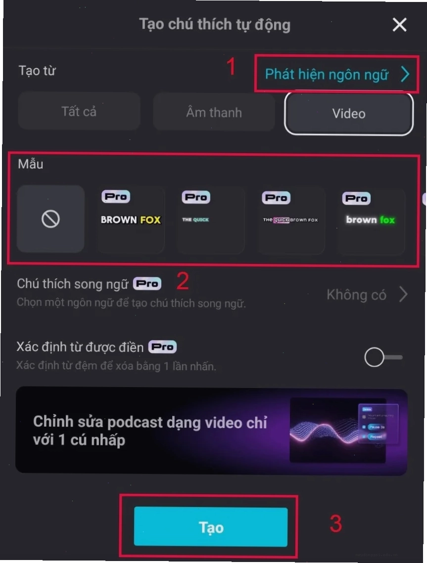 Chọn ngôn ngữ Tiếng Việt để tạo phụ đề tự động trên CapCut