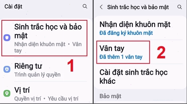 Chọn Sinh trắc học và bảo mật sau đó chọn Vân tay