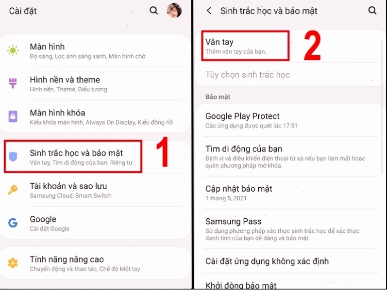 Chọn vào Vân tay trong mục Sinh trắc học và bảo mật