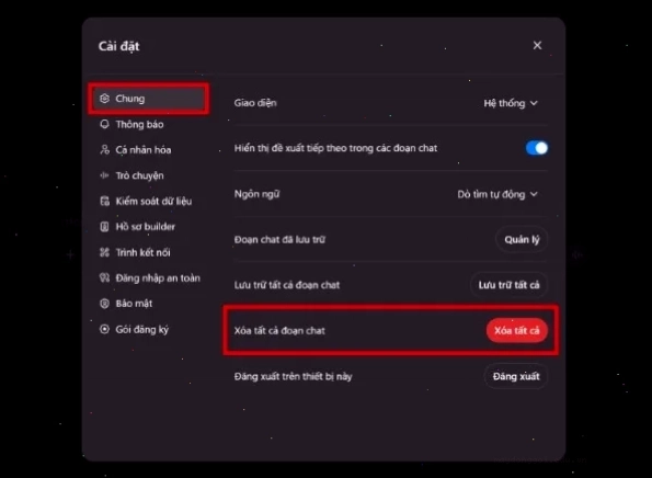 Chọn vào “Xóa tất cả đoạn chat”