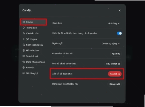 Chọn vào “Xóa tất cả đoạn chat”