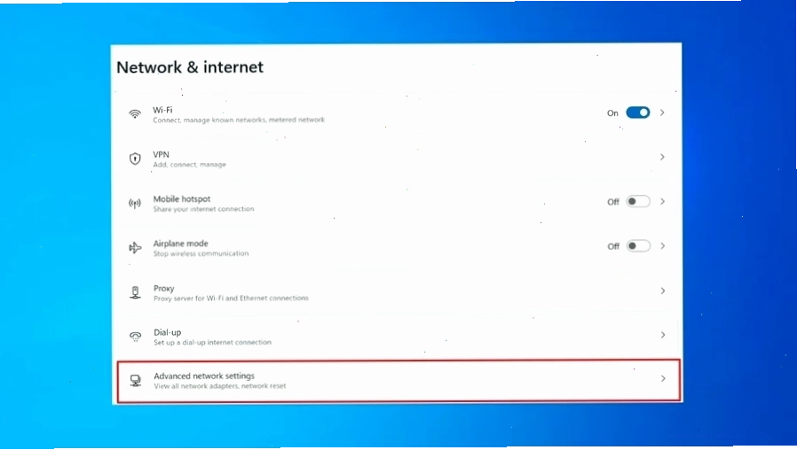 Cửa sổ Network & internet hiển thị cài đặt mạng