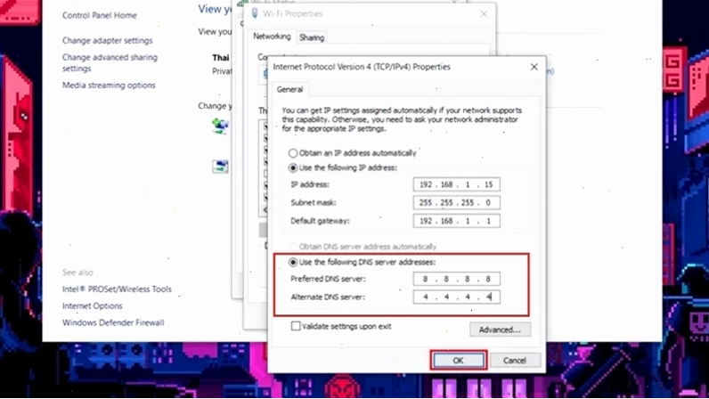 Cửa sổ thiết lập DNS với các địa chỉ Google đã được điền