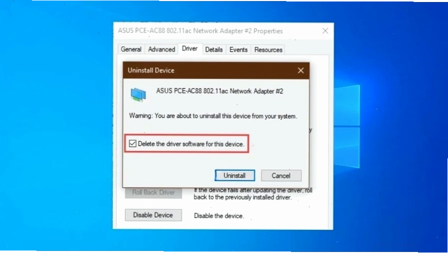 Đảm bảo bạn không tick vào ô Delete the driver software for this device
