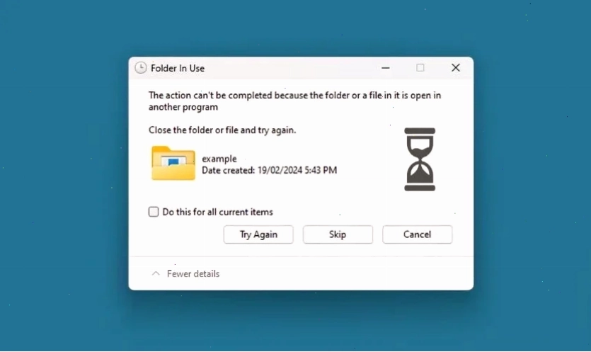 Dấu hiệu nhận biết lỗi The action cannot be completed because the folder or a file in it is open in another program