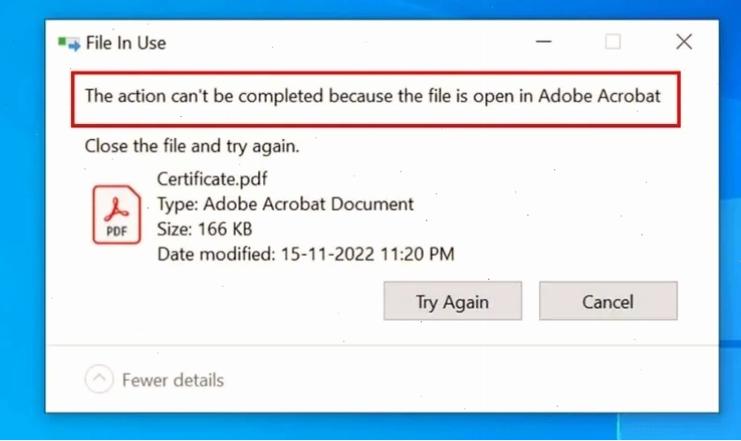 Giải thích lỗi The action cannot be completed because the folder or a file in it is open in another program là gì