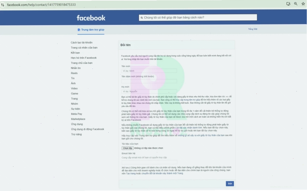 Giao diện link 333 hỗ trợ đổi tên Facebook