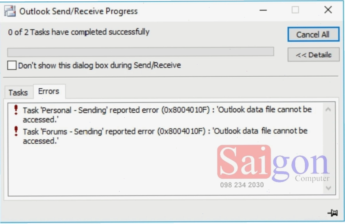 Giao diện lỗi outlook báo 0x8004010f cannot access data file trên màn hình máy tính
