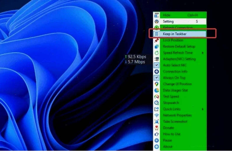 Giữ Net Speed Meter trong Taskbar để theo dõi liên tục