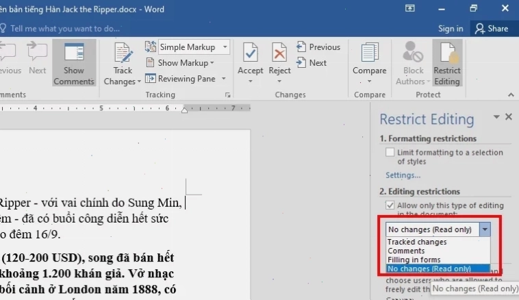 Hạn chế chỉnh sửa và sao chép trong Word