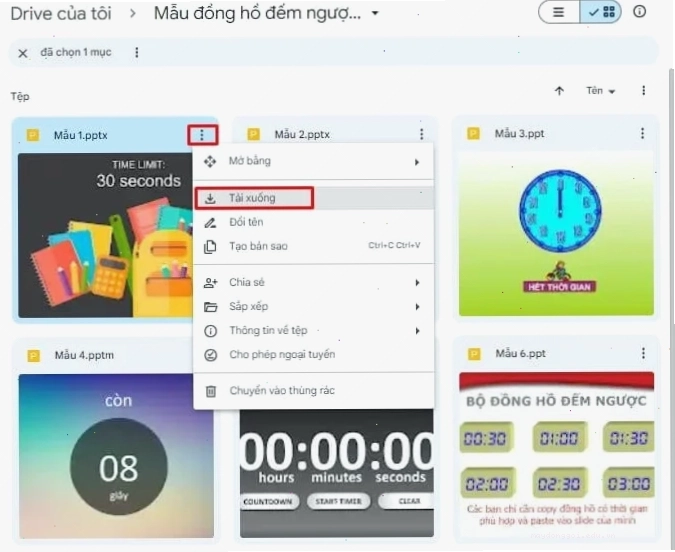 Hình ảnh minh họa quá trình tải và chọn mẫu đồng hồ đếm ngược Powerpoint