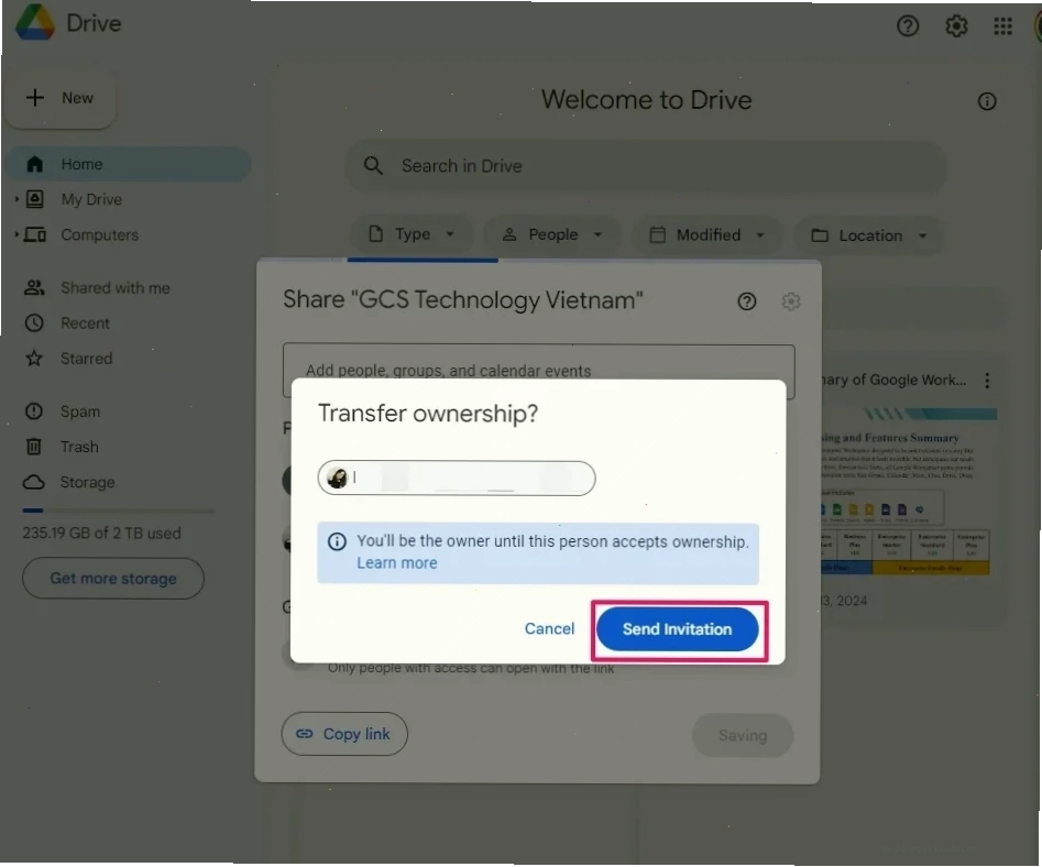 Hướng dẫn chi tiết cách chuyển quyền sở hữu file Google Drive trên máy tính