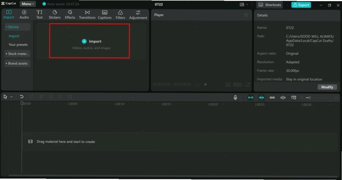Importing video to remove video background in the CapCut desktop video editor