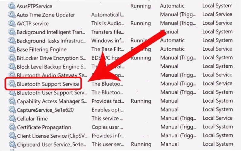 Khởi động lại dịch vụ Bluetooth Support Service