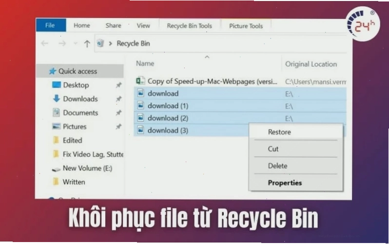 Khôi phục file từ Recycle Bin