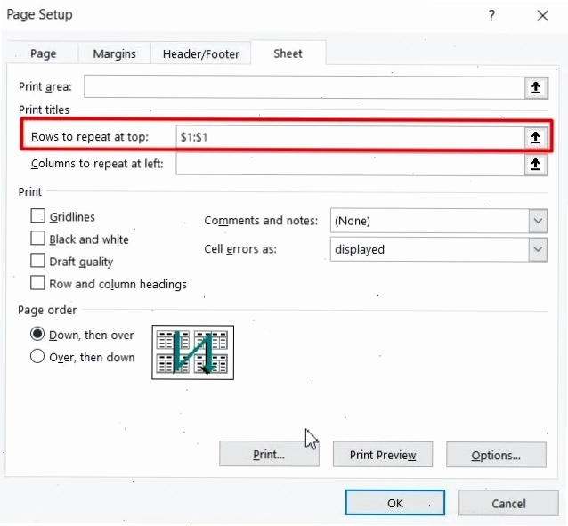 Kiểm tra lại dòng tiêu đề đã chọn trong page setup excel